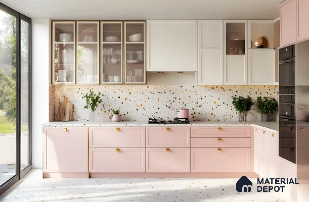 Blush Pink And White Kitchen With Terrazzo Backsplash And Brass Accents | Material Depot