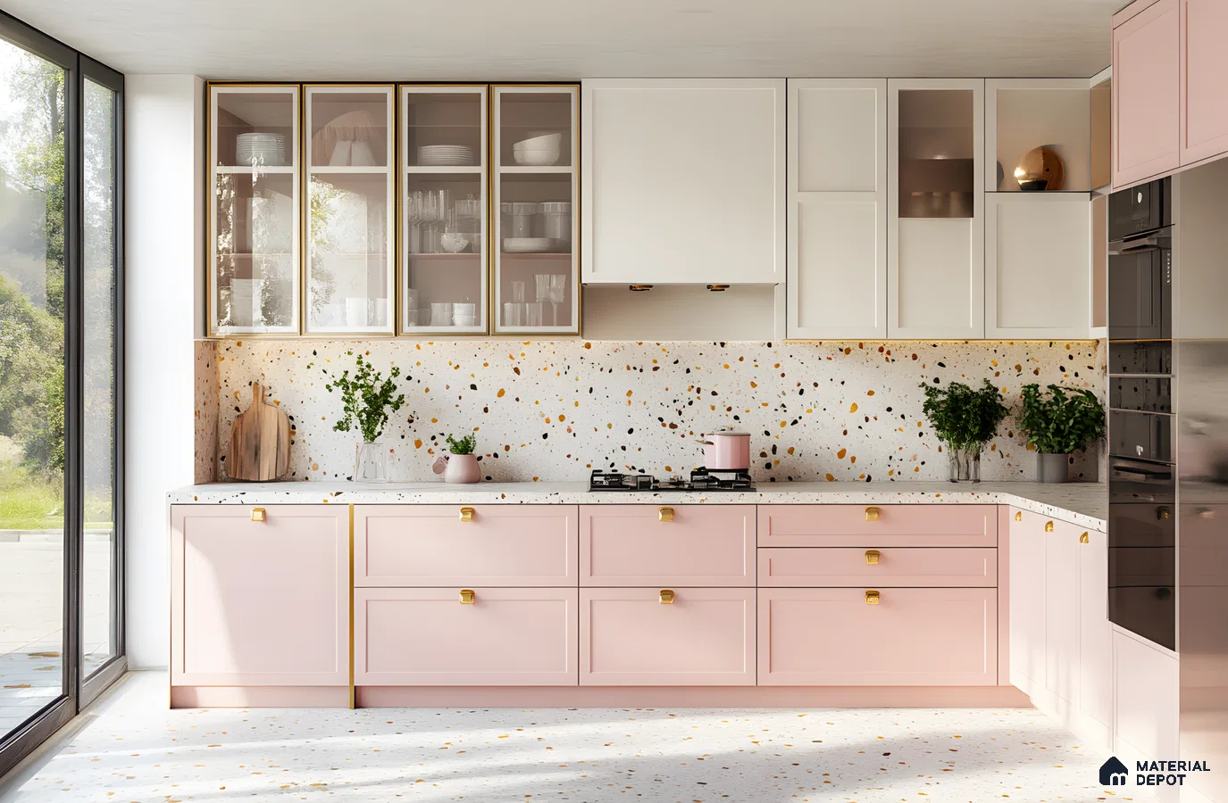 Blush Pink And White Kitchen With Terrazzo Backsplash And Brass Accents | Material Depot