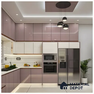 Blush Pink And White Modular Kitchen With High Gloss Finish And Built-In Appliances | Material Depot