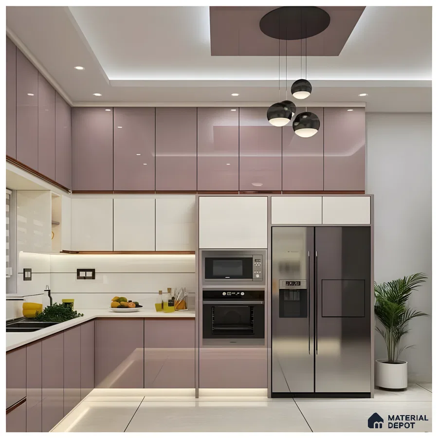 Blush Pink And White Modular Kitchen With High Gloss Finish And Built-In Appliances | Material Depot