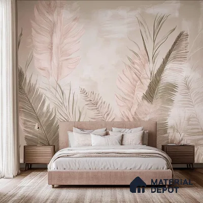 Blush Pink Botanical Mural in Elegant Bedroom | Material Depot