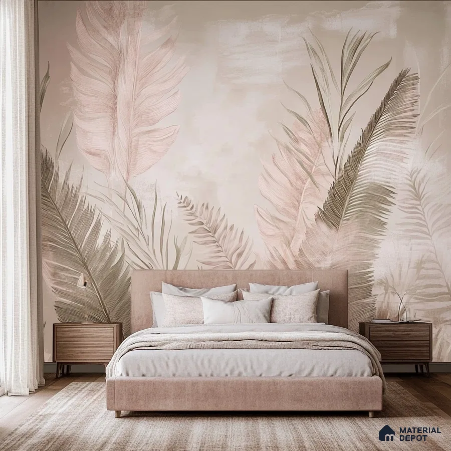 Blush Pink Botanical Mural in Elegant Bedroom | Material Depot