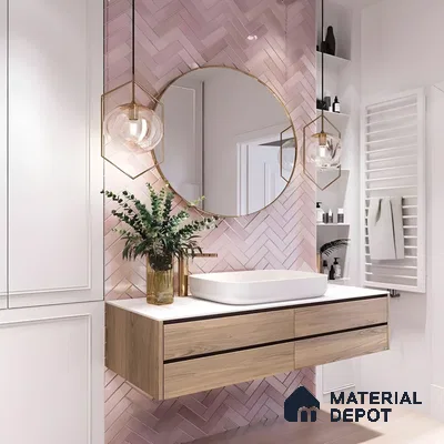 Blush Pink Herringbone Tiles in a Chic Vanity Corner | Material Depot