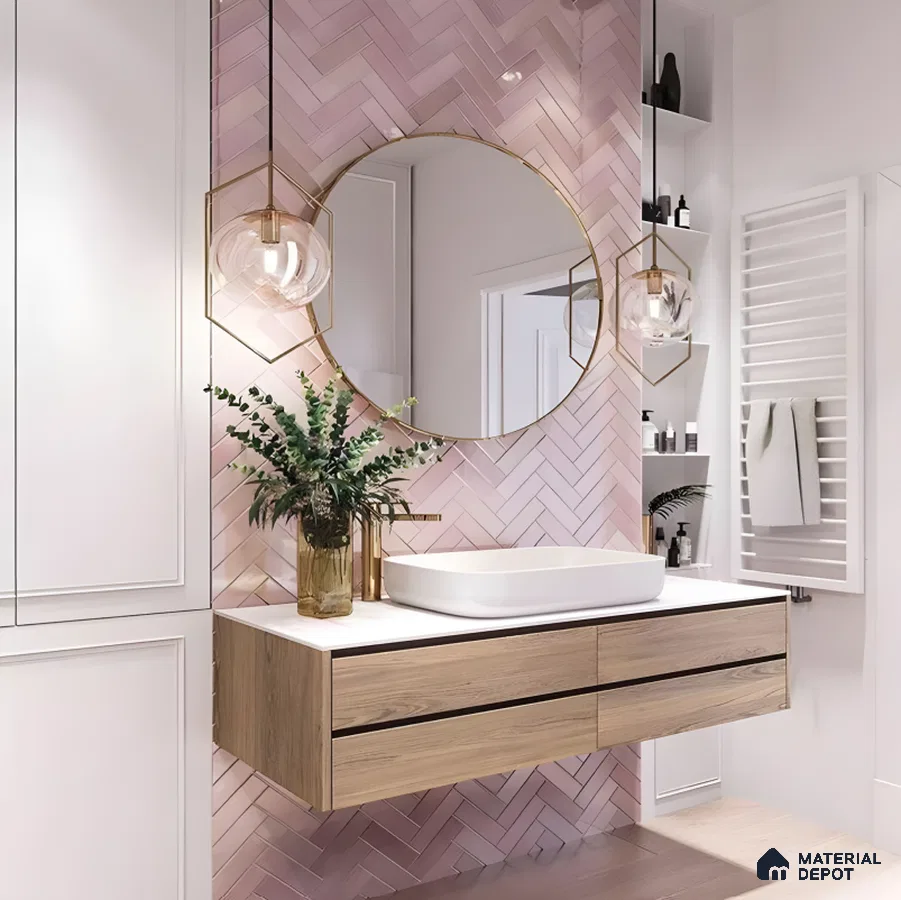 Blush Pink Herringbone Tiles in a Chic Vanity Corner | Material Depot