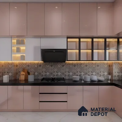 Blush Pink Modular Kitchen With Patterned Tile Backsplash And Ambient Lighting | Material Depot