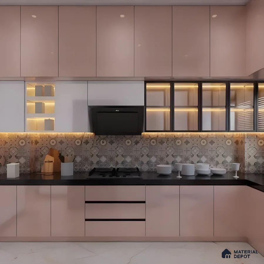 Blush Pink Modular Kitchen With Patterned Tile Backsplash And Ambient Lighting | Material Depot