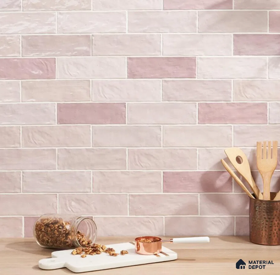 Blush Pink Subway Tile Backsplash with Soft Textured Finish | Material Depot