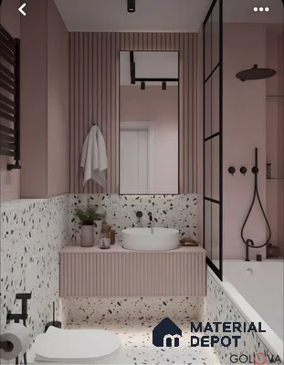 Blush Terrazzo Bathroom With Fluted Vanity And Black Fixtures | Material Depot