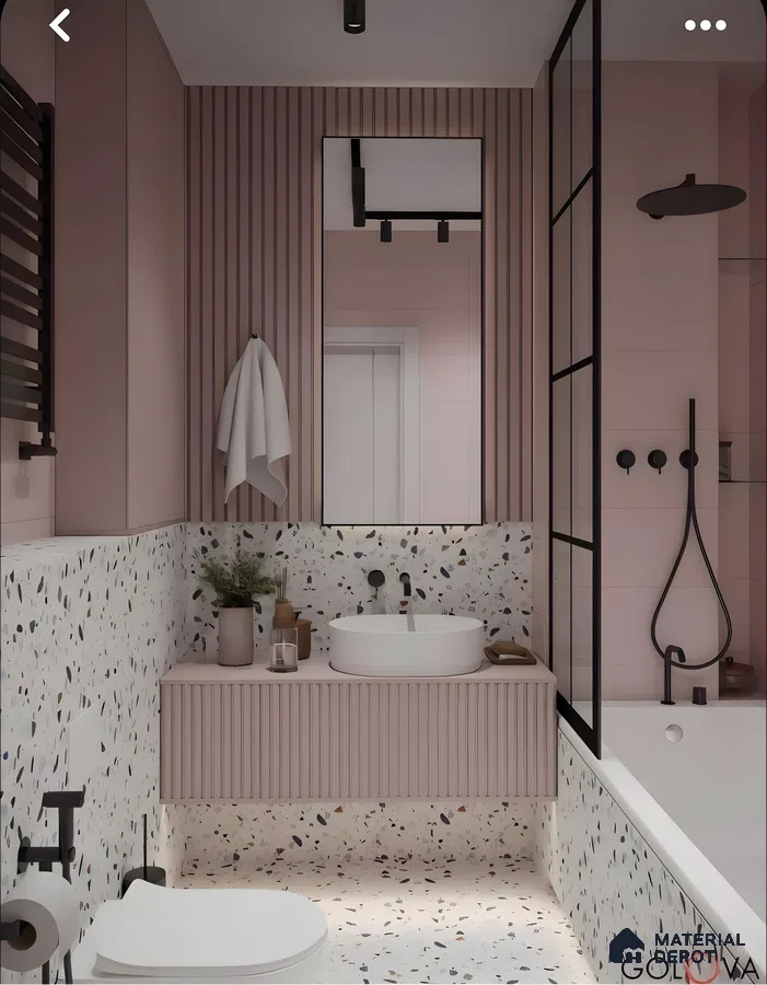 Blush Terrazzo Bathroom With Fluted Vanity And Black Fixtures | Material Depot