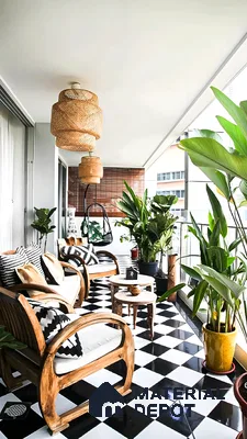 Bohemian Balcony with Black and White Checkerboard Tiles | Material Depot