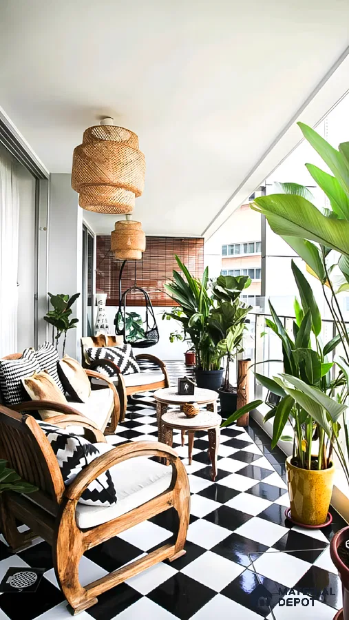 Bohemian Balcony with Black and White Checkerboard Tiles | Material Depot
