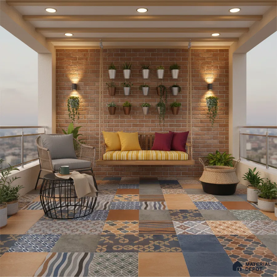 Bohemian balcony with patterned terracotta and blue floor tiles and exposed brick wall