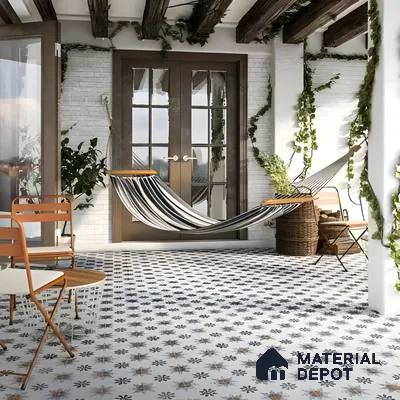Bohemian Balcony with Patterned Tiles and Hammock | Material Depot