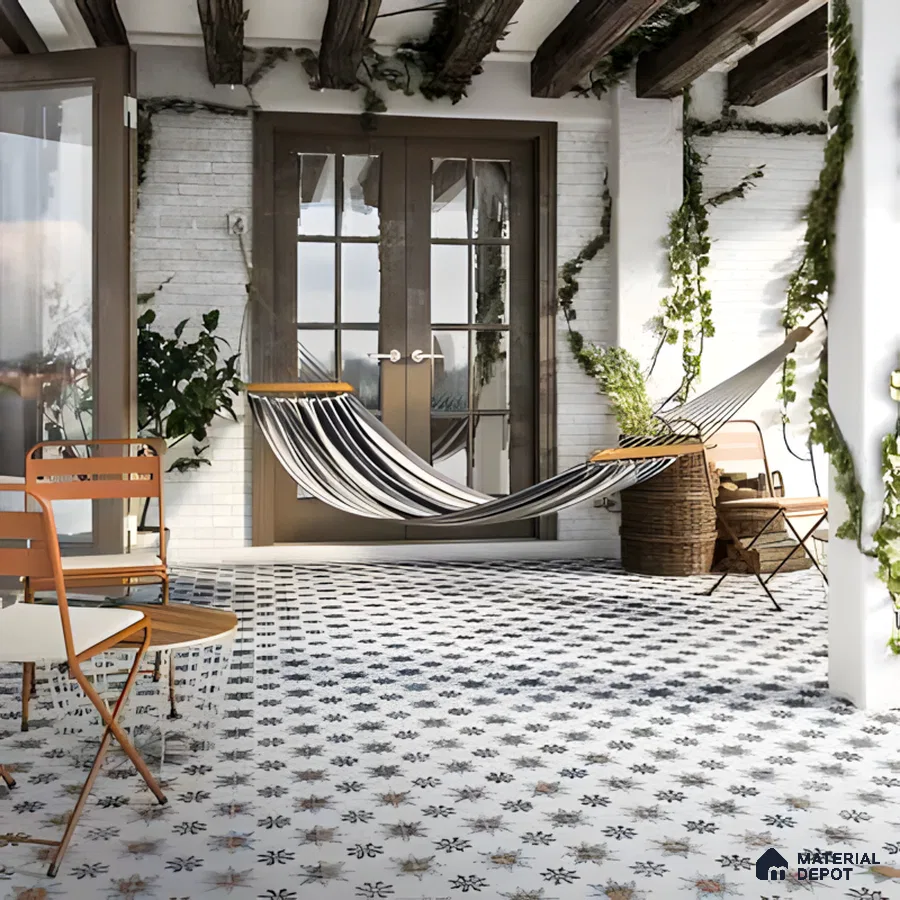 Bohemian Balcony with Patterned Tiles and Hammock | Material Depot