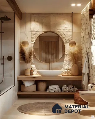 Bohemian Bathroom with Rustic Stone Wall | Material Depot