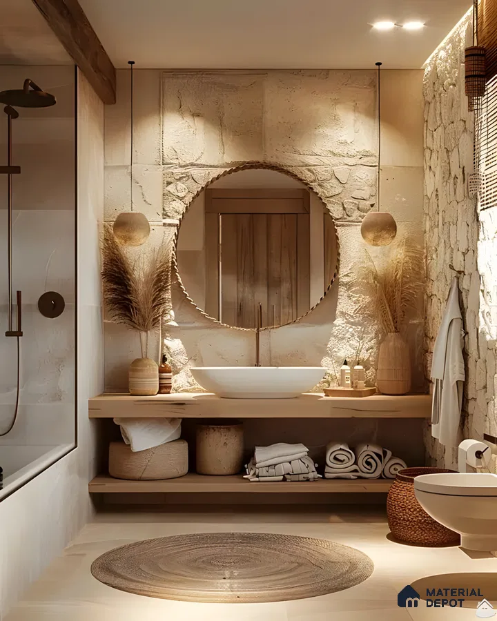 Bohemian Bathroom with Rustic Stone Wall | Material Depot