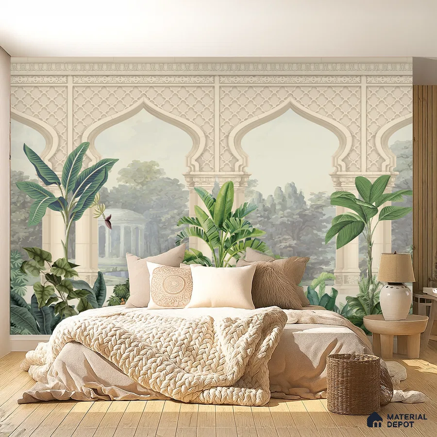 Bohemian bedroom with Indian arch mural wallpaper, natural wood flooring, and neutral textiles in Bengaluru