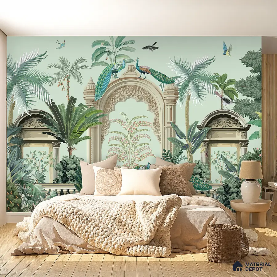 Bohemian bedroom with Indian tropical mural wallpaper and natural wood flooring in Bengaluru