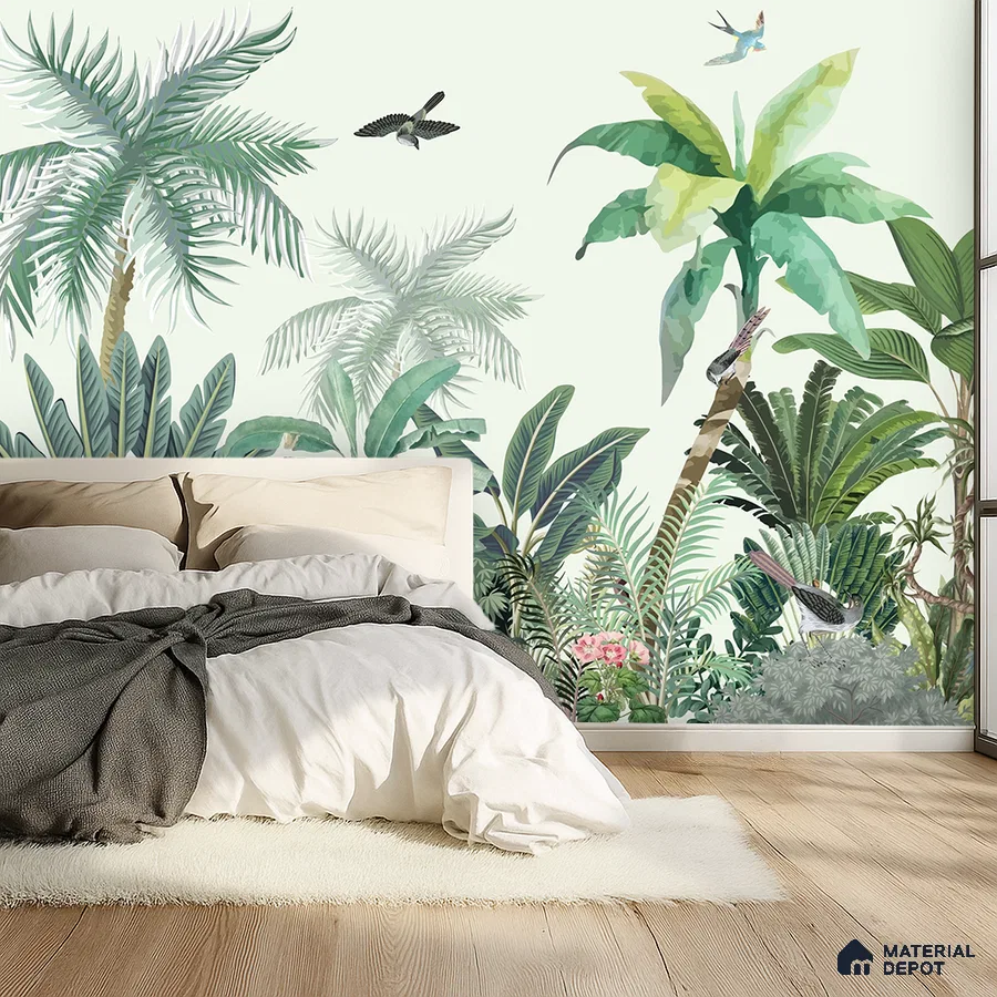 Bohemian bedroom with tropical wallpaper and light oak wooden flooring in Bengaluru