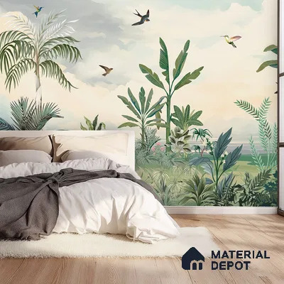 Bohemian bedroom with tropical wallpaper and light oak wooden flooring in Bengaluru
