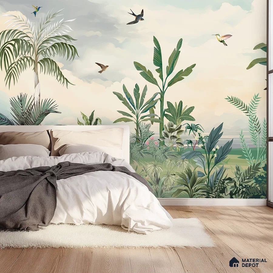 Bohemian bedroom with tropical wallpaper and light oak wooden flooring in Bengaluru