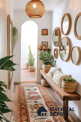 Bohemian Chic Hallway With Woven Accents And Natural Wood Bench | Material Depot
