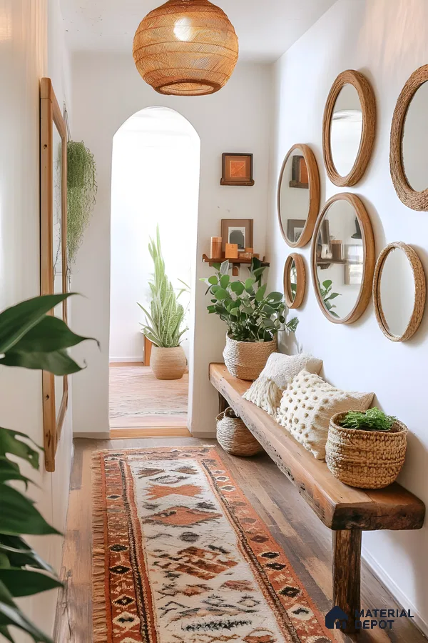 Bohemian Chic Hallway With Woven Accents And Natural Wood Bench | Material Depot