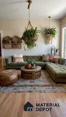 Bohemian-Chic Living Room With Hanging Plants, Green Sofa, And Woven Rug | Material Depot