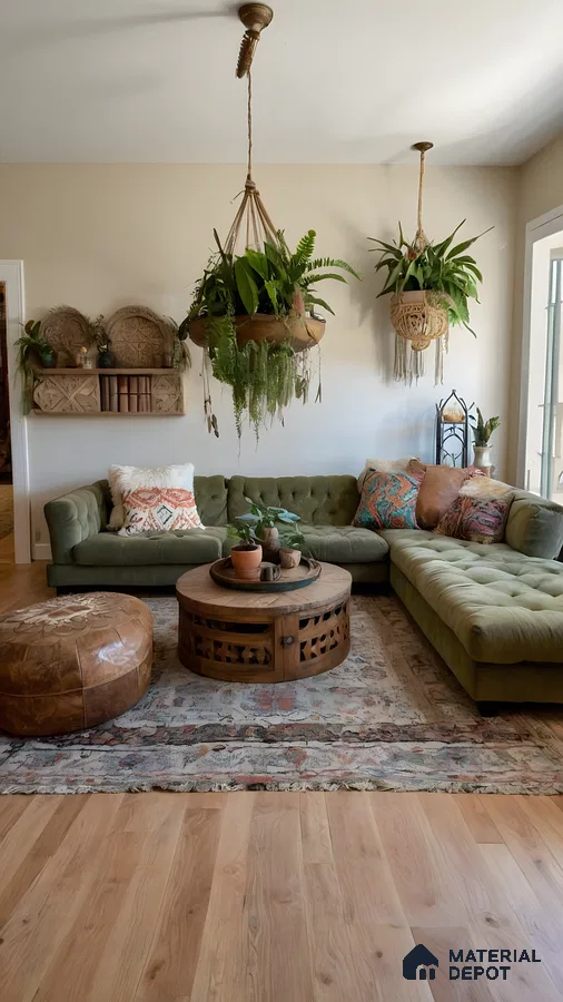 Bohemian-Chic Living Room With Hanging Plants, Green Sofa, And Woven Rug | Material Depot