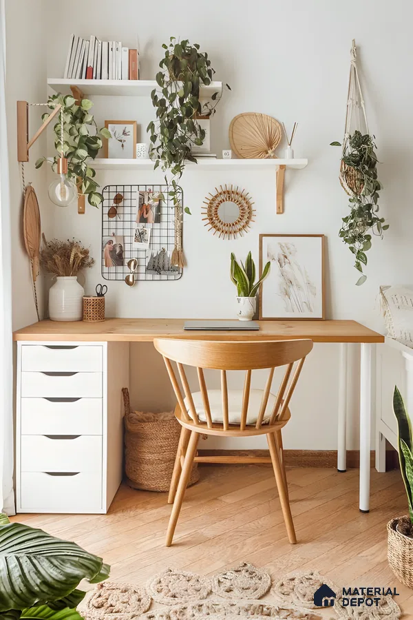 Bohemian Desk Setup: Light Wood Desk With White Drawers, Natural Wood Chair, And Woven Rug | Material Depot