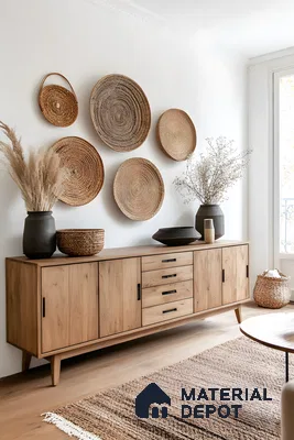 Bohemian Dining Room Buffet With Dried Pampas Grass & Woven Wall Art | Material Depot