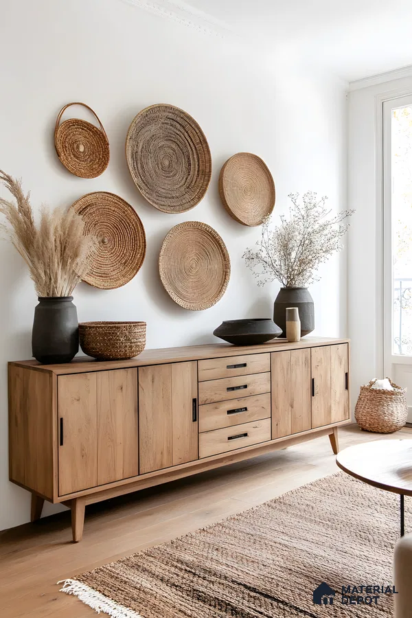 Bohemian Dining Room Buffet With Dried Pampas Grass & Woven Wall Art | Material Depot