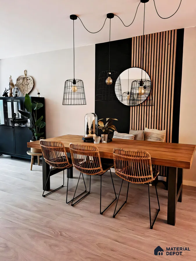 Bohemian Dining Room with Rattan Chairs and Black and White Decor | Material Depot