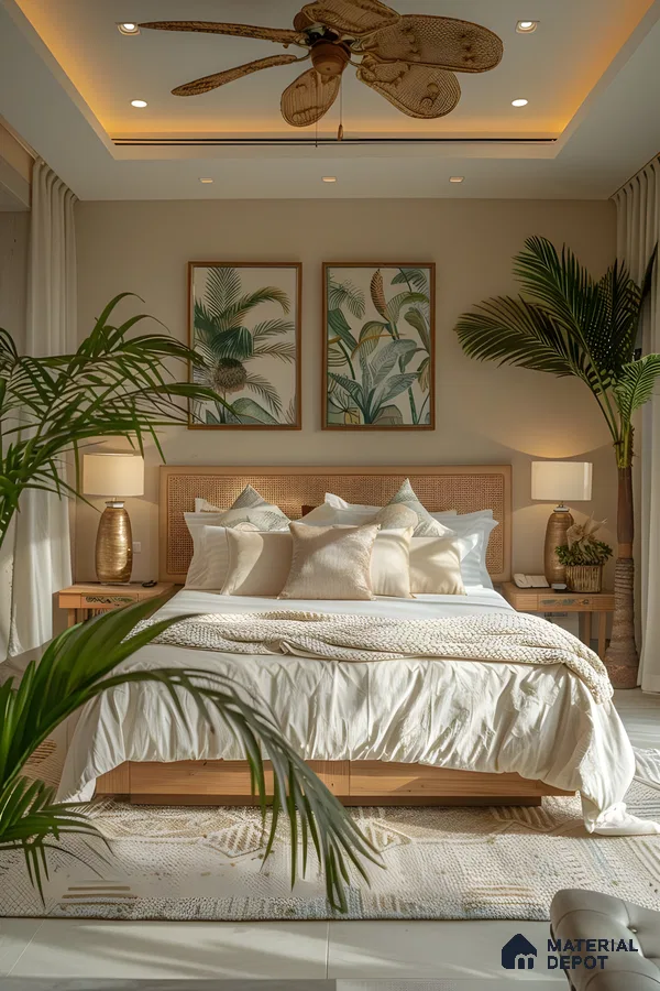 Bohemian Dream Bedroom: Woven Rattan King Bed Frame With Natural Wood Accents | Material Depot