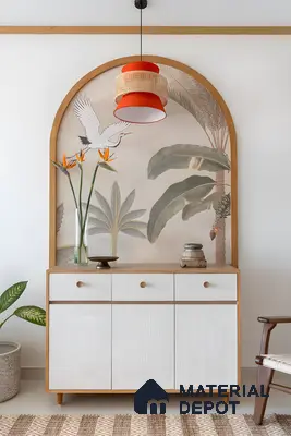 Bohemian Entryway With Arched Tropical Mural, Rattan Pendant Light, And Textured White Cabinet | Material Depot