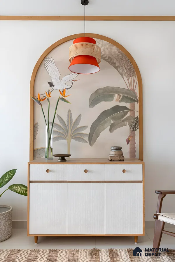 Bohemian Entryway With Arched Tropical Mural, Rattan Pendant Light, And Textured White Cabinet | Material Depot