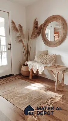 Bohemian Entryway With Woven Jute Rug, Wood Bench, And Pampas Grass Decor | Material Depot