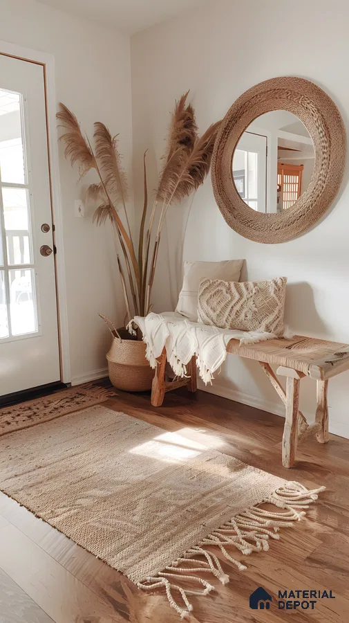 Bohemian Entryway With Woven Jute Rug, Wood Bench, And Pampas Grass Decor | Material Depot