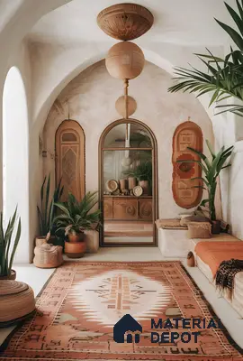 Bohemian Hallway With Arched Mirror, Woven Rug, And Plaster Walls | Material Depot