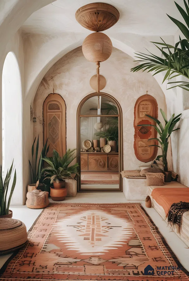Bohemian Hallway With Arched Mirror, Woven Rug, And Plaster Walls | Material Depot