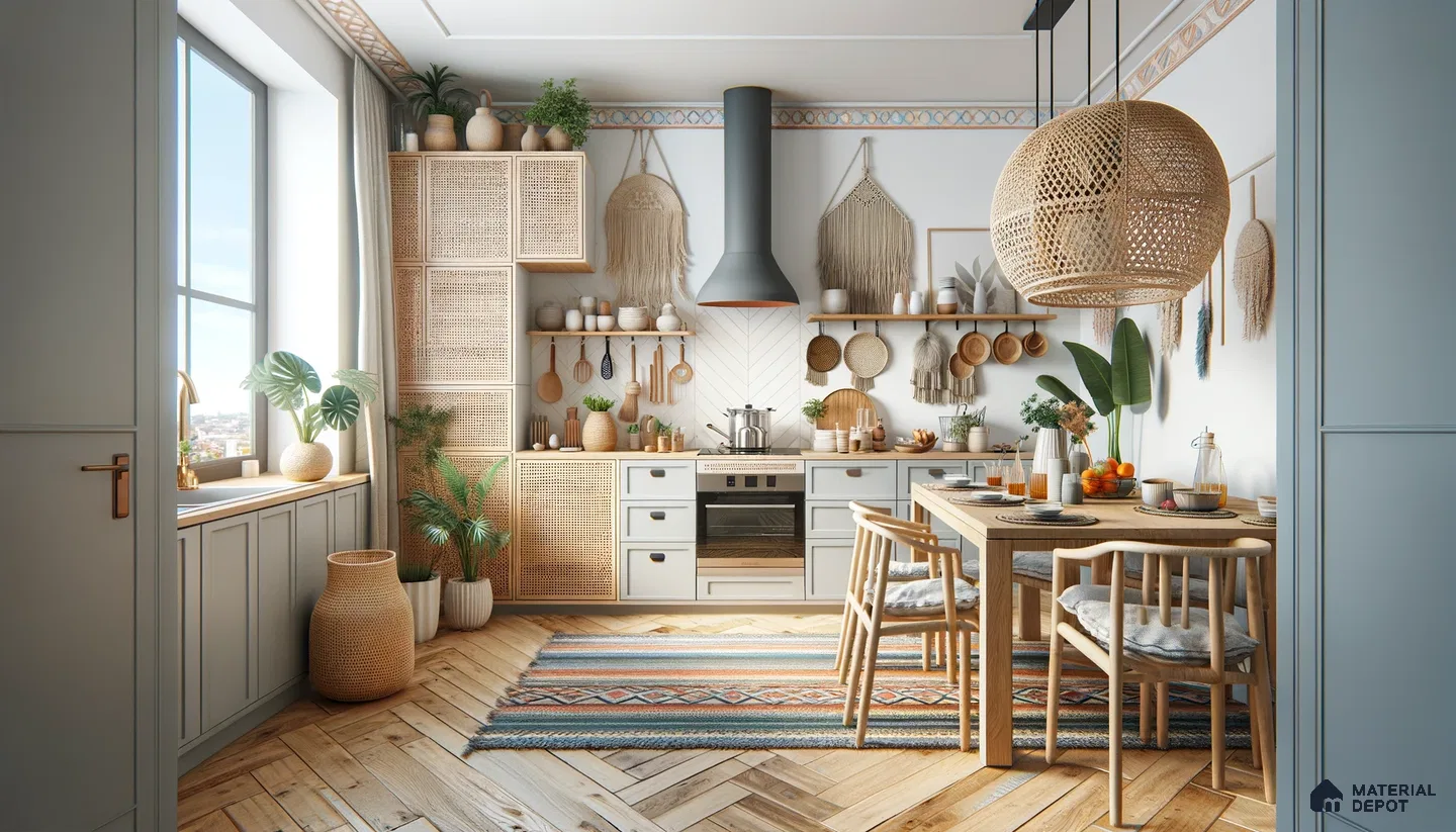 Bohemian Kitchen Charm with Wicker Details and Rustic Wood Elements | Material Depot