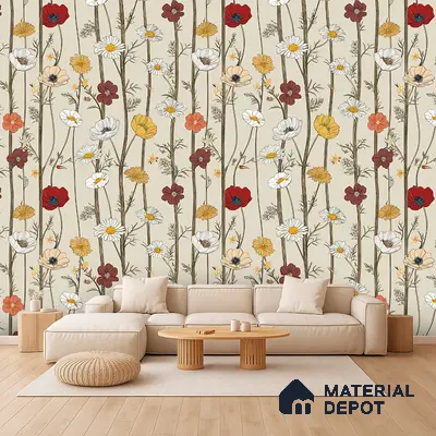 Bohemian living room with floral wallpaper and light wood flooring in Bengaluru