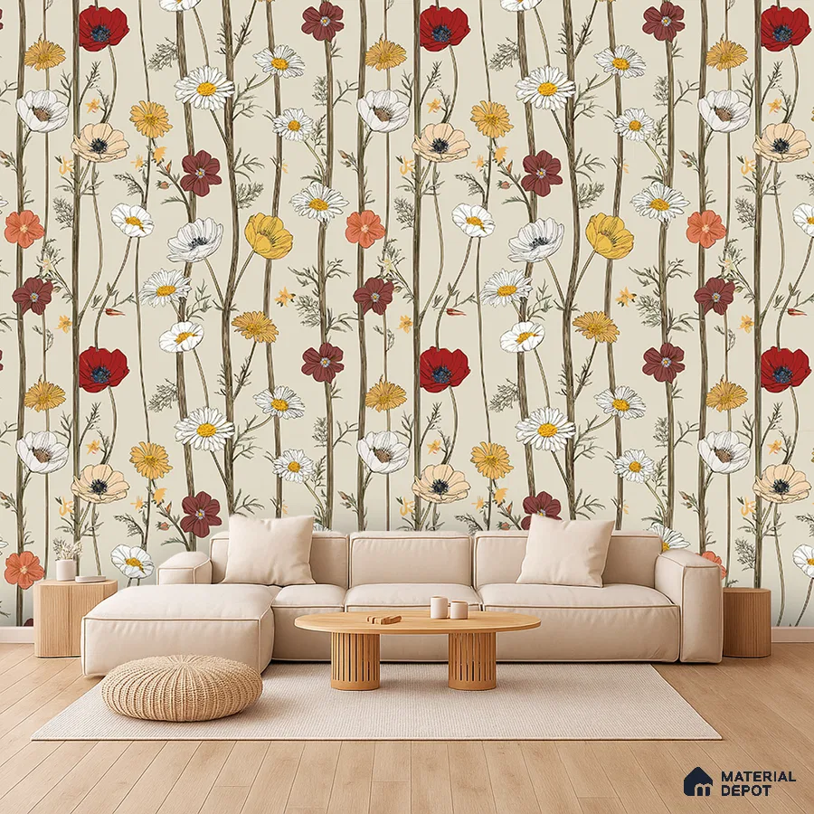 Bohemian living room with floral wallpaper and light wood flooring in Bengaluru