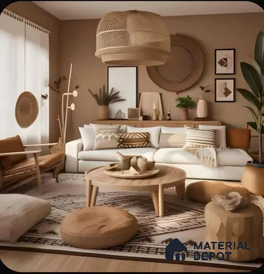 Bohemian Living Room with Rattan Accents and Natural Elements | Material Depot