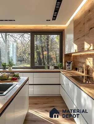 Bohemian Minimalist Kitchen In White Laminate With Natural Oak Accents And Biophilic Warmth | Material Depot