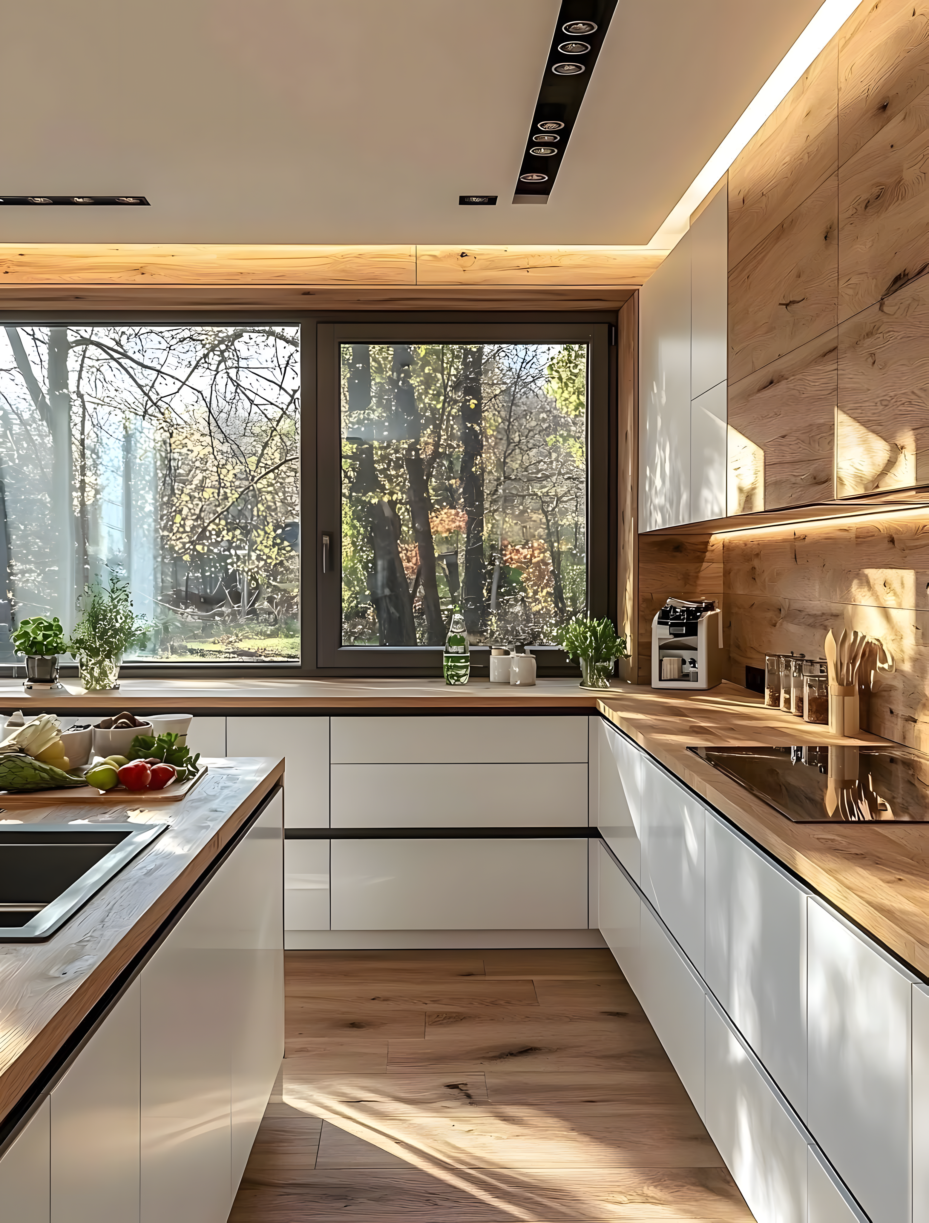 Bohemian Minimalist Kitchen In White Laminate With Natural Oak Accents And Biophilic Warmth | Material Depot