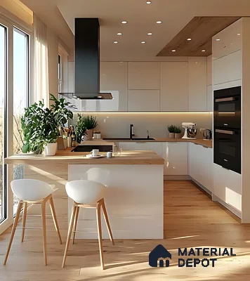 Bohemian Minimalist Kitchen With Glossy White Cabinets, Wooden Counters & Biophilic Warmth | Material Depot