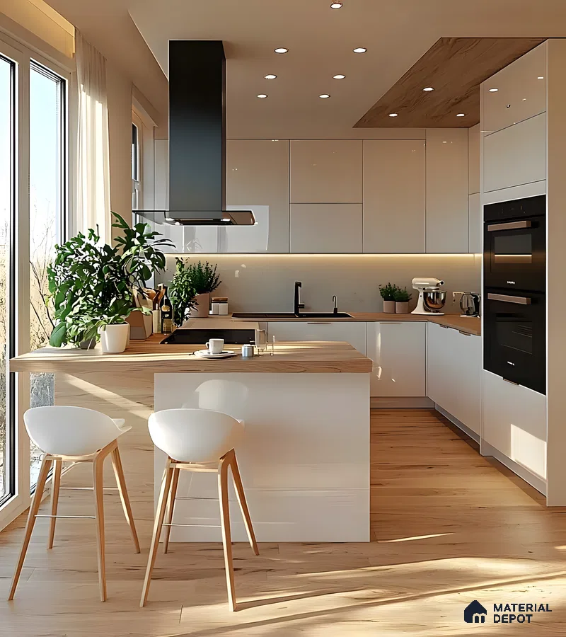 Bohemian Minimalist Kitchen With Glossy White Cabinets, Wooden Counters & Biophilic Warmth | Material Depot