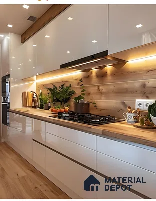 Bohemian Modern Kitchen With Glossy White Acrylic & Natural Wood Accents For A Cozy, Organic Feel | Material Depot