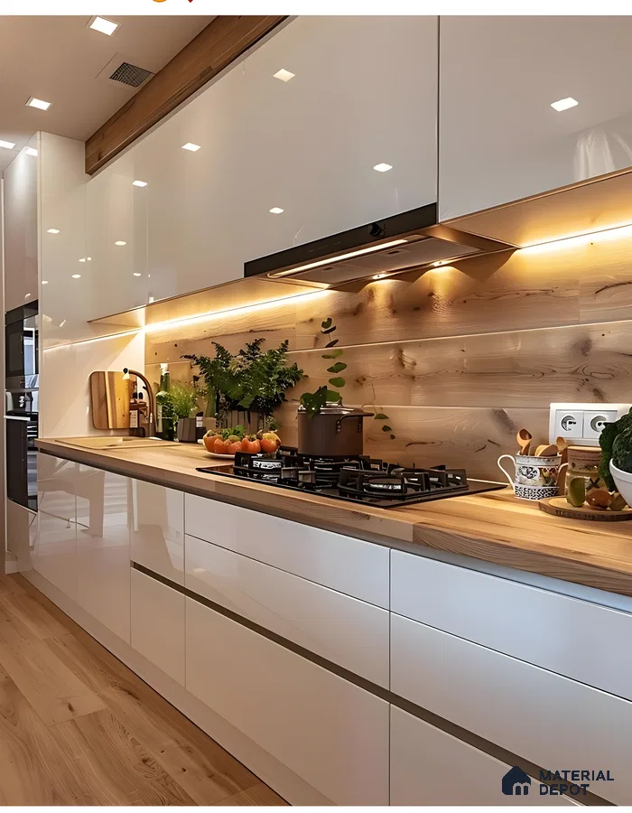 Bohemian Modern Kitchen With Glossy White Acrylic & Natural Wood Accents For A Cozy, Organic Feel | Material Depot